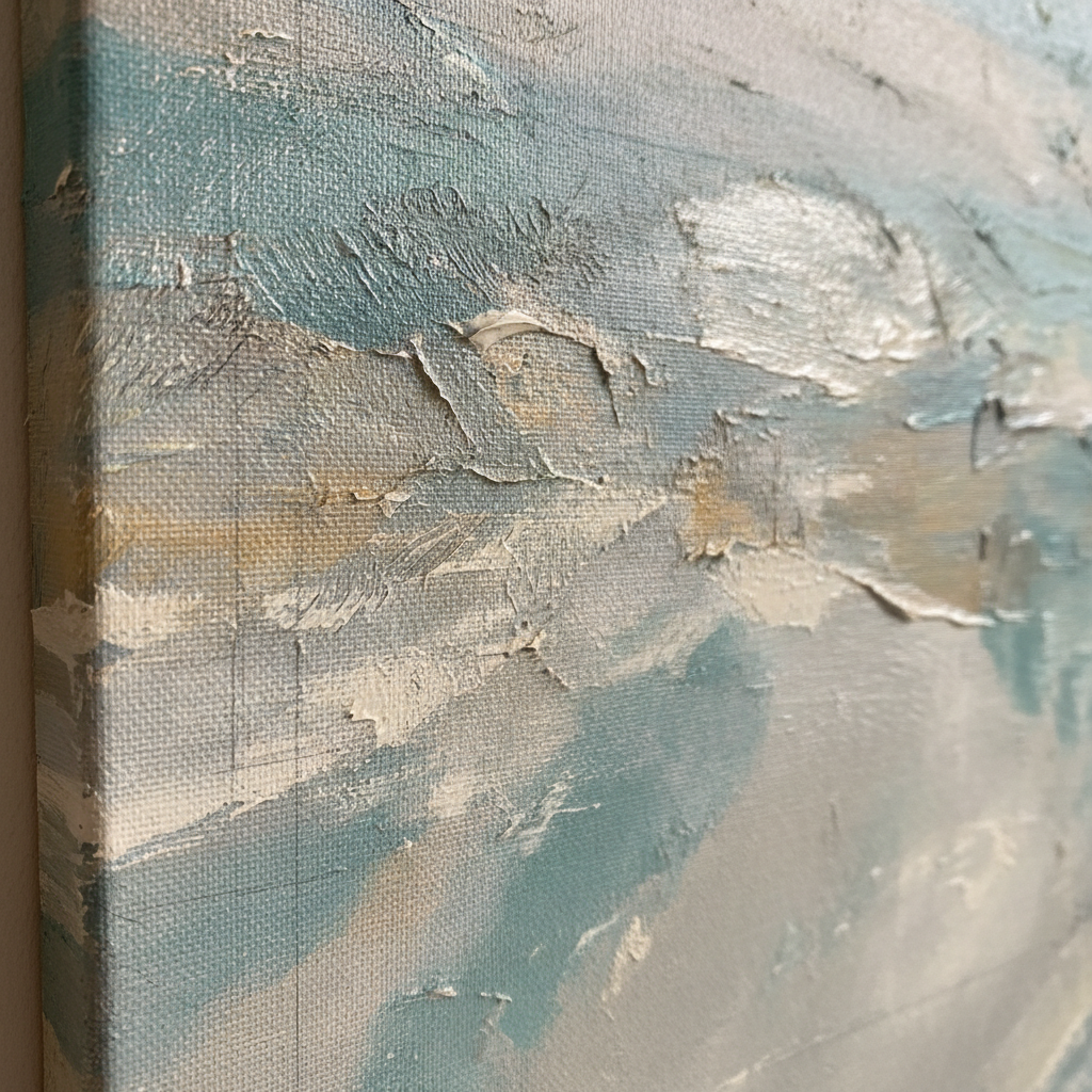 A close-up, almost abstract photographic view of a SORRISO canvas surface, revealing intricate layers of paint: feathered brushstrokes of desaturated teal and warm stone grey, intersecting with faint graphite lines and thin washes that leave the linen’s texture visible beneath. Tiny cracks, raised ridges, and glossy accents contrast with matte areas, forming a topography of subtle relief. The canvas fills most of the frame, with only a hint of the stretcher edge visible on one side. Gentle, directional light from the upper right creates soft shadows in the paint’s relief, emphasizing tactile depth. The mood is intimate and analytical, like examining a painting in silence. Photographic, minimalist composition with extreme close-up and shallow depth of field, capturing the refined details and craftsmanship of the artist’s technique.