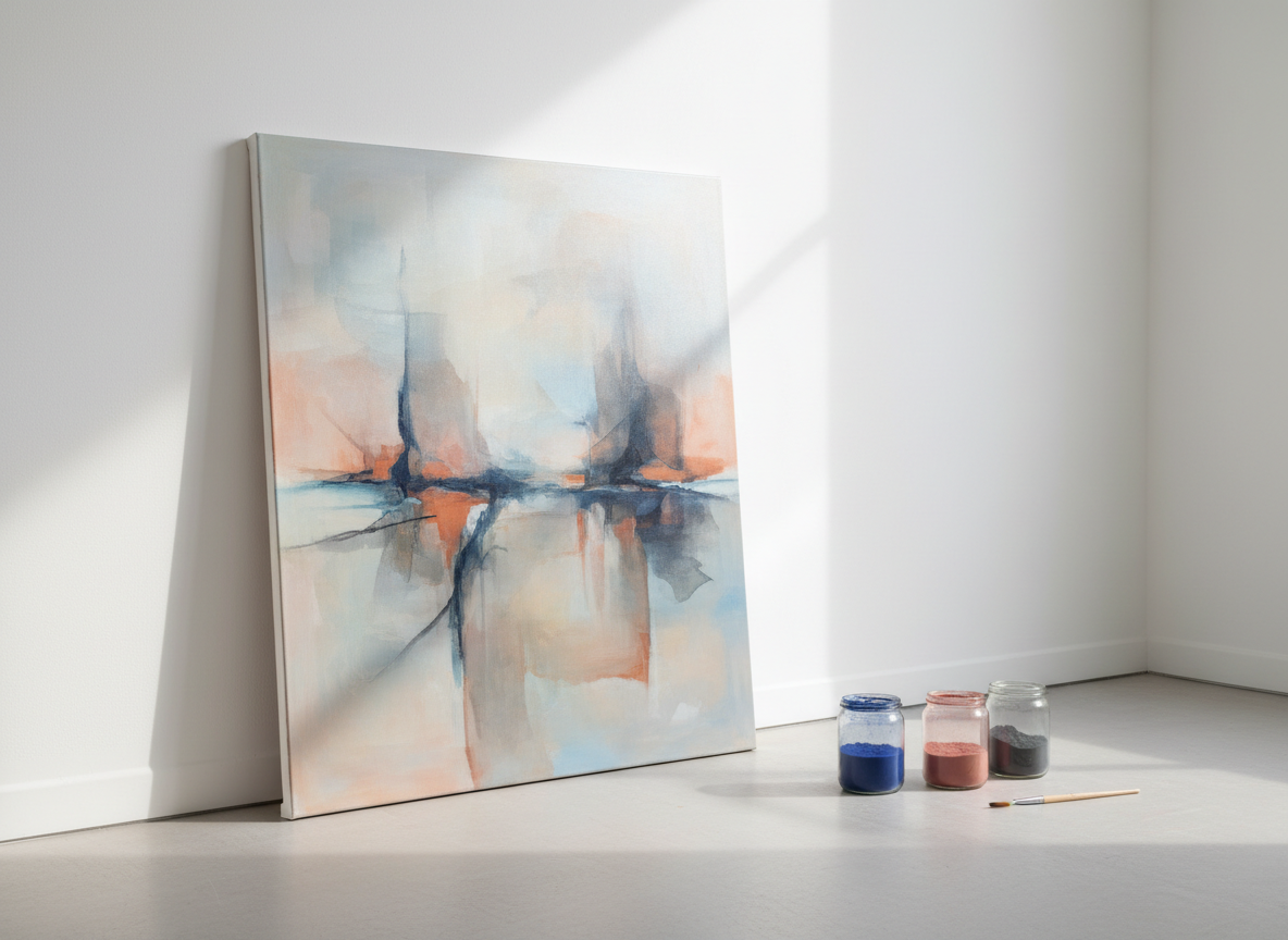 A large, unframed canvas leaning against a clean white gallery wall, covered in an abstract composition reminiscent of SORRISO’s work: layered veils of muted blues, warm greys, and soft terracotta, with delicate, gestural strokes and translucent glazes revealing older strata beneath. The canvas rests on a pale concrete floor, beside neatly arranged glass jars of pigments and a single fine-bristle brush. Soft, diffused daylight enters from an unseen high window, creating gentle gradients of light across the painting’s surface and casting subtle shadows along the floor. Photographic realism with a minimalist, sophisticated aesthetic, shot at eye level with a slight three-quarter angle, moderate depth of field so the artwork is in crisp focus while the studio background dissolves into a quiet blur, evoking calm contemplation and refined artistic rigor.