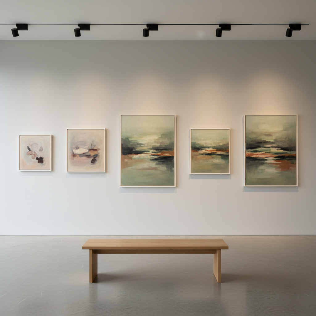 A serene gallery-style wall featuring a curated series of SORRISO paintings arranged in chronological order: from a smaller, more restrained early piece with sparse muted tones, to larger canvases where nuanced color fields of foggy greens, soft charcoals, and faded siennas gradually become more confident. Each painting is framed in slim, matte off-white frames, spaced evenly on a smooth, light greige wall above a narrow oak bench. The floor is polished concrete with a subtle sheen. Discreet track lighting from the ceiling casts soft pools of light over each artwork, with overlapping halos that create refined gradients. Photographic realism, shot from a slightly wide, straight-on angle with sharp focus throughout, conveying a contemplative, museum-like atmosphere that emphasizes the evolution of the artist’s practice.